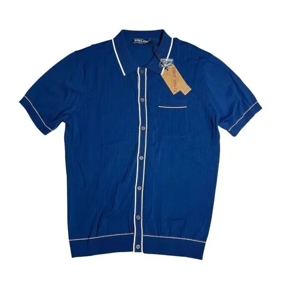 Paul Jones Knit Button Polo Shirt Navy Blue Men's Sz Large Retro Mod Travel Golf - Picture 8 of 9